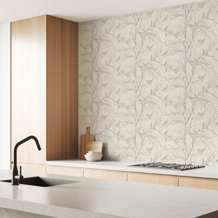 Modern Wallpaper Forest Pattern - Gray Birds on Twigs on a Beige Background 150047 additionalImage 9