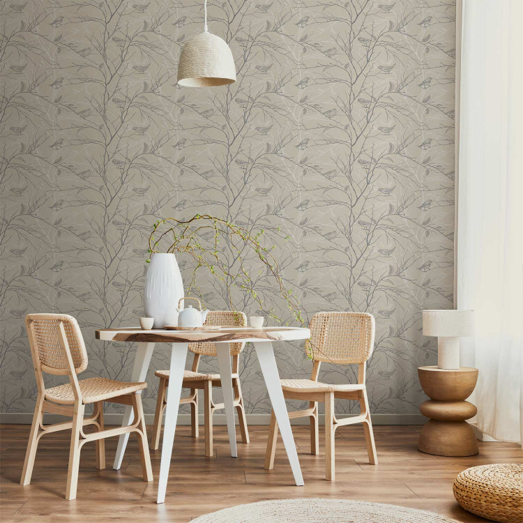 Modern Wallpaper Forest Pattern - Gray Birds on Twigs on a Beige Background 150047 additionalImage 5