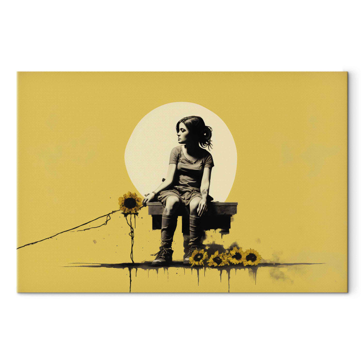 Canvas Print Girl and Sunflowers - A Yellow Composition Inspired by the Style of Banksy 151747