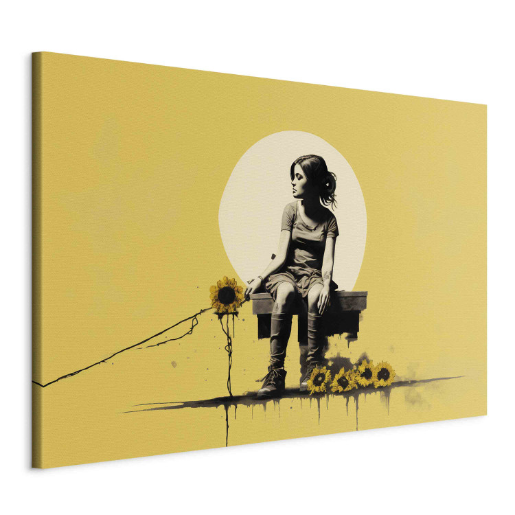 Canvas Print Girl and Sunflowers - A Yellow Composition Inspired by the Style of Banksy 151747 additionalImage 2