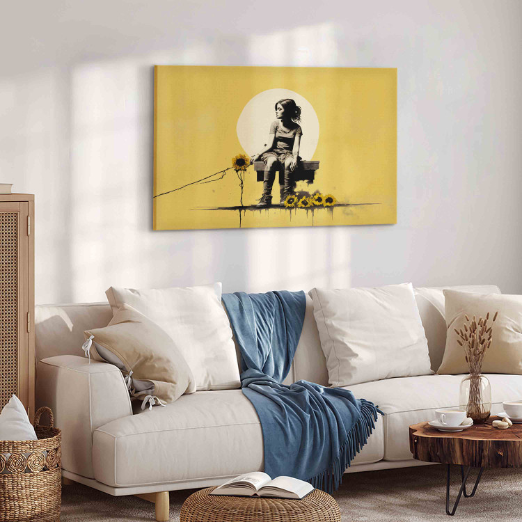 Canvas Print Girl and Sunflowers - A Yellow Composition Inspired by the Style of Banksy 151747 additionalImage 4