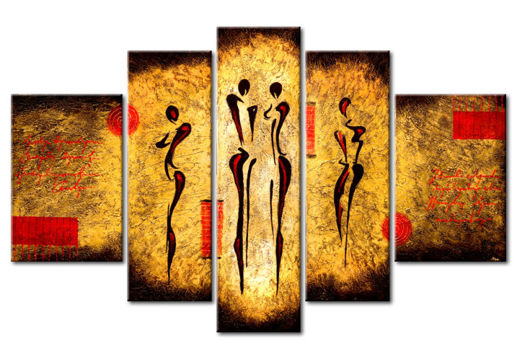 Canvas Art Print Golden Miscegenation (5-piece) - abstraction with figures and designs 47047