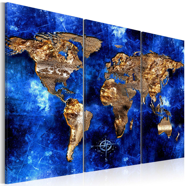 Canvas Print Golden Continents (3-part) - world map with a navy blue ocean 55247 additionalImage 2