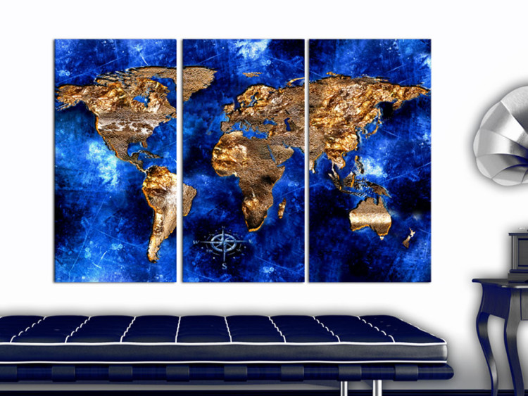 Canvas Print Golden Continents (3-part) - world map with a navy blue ocean 55247 additionalImage 3