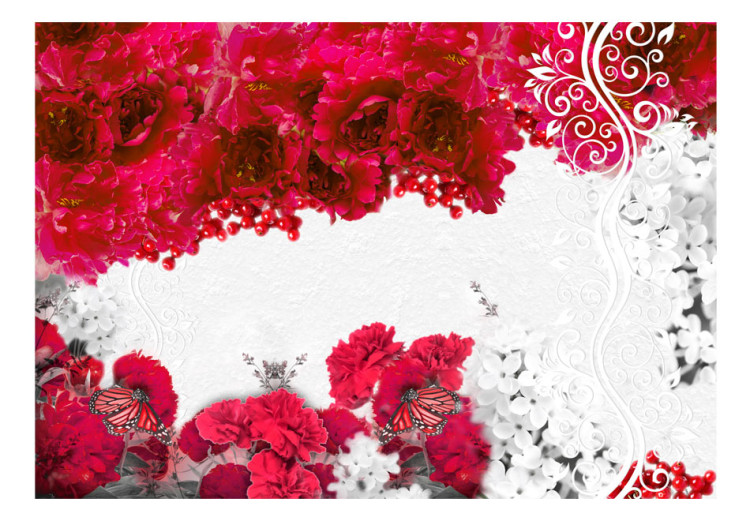 Wall Mural Colors of Spring: Red - Contrasting Abstraction with Flowers and Butterflies 60747 additionalImage 1
