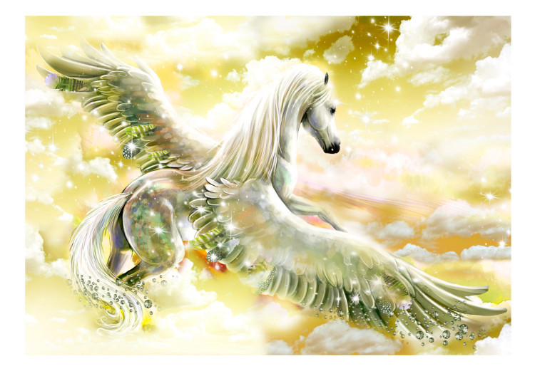 Wall Mural Pegasus - magical motif of a flying horse in clouds in yellow designs 107257 additionalImage 1