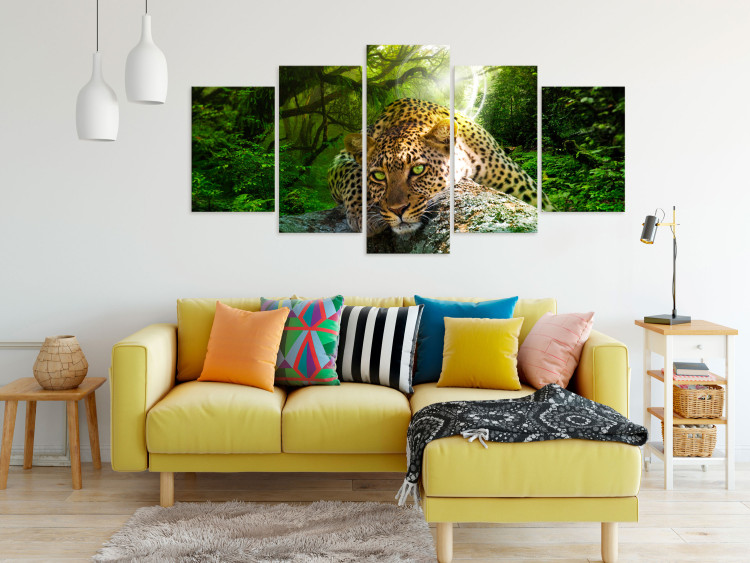 Canvas Print Lying Leopard (5-part) Wide Green - Wild Cat in Forest Background 108157 additionalImage 3