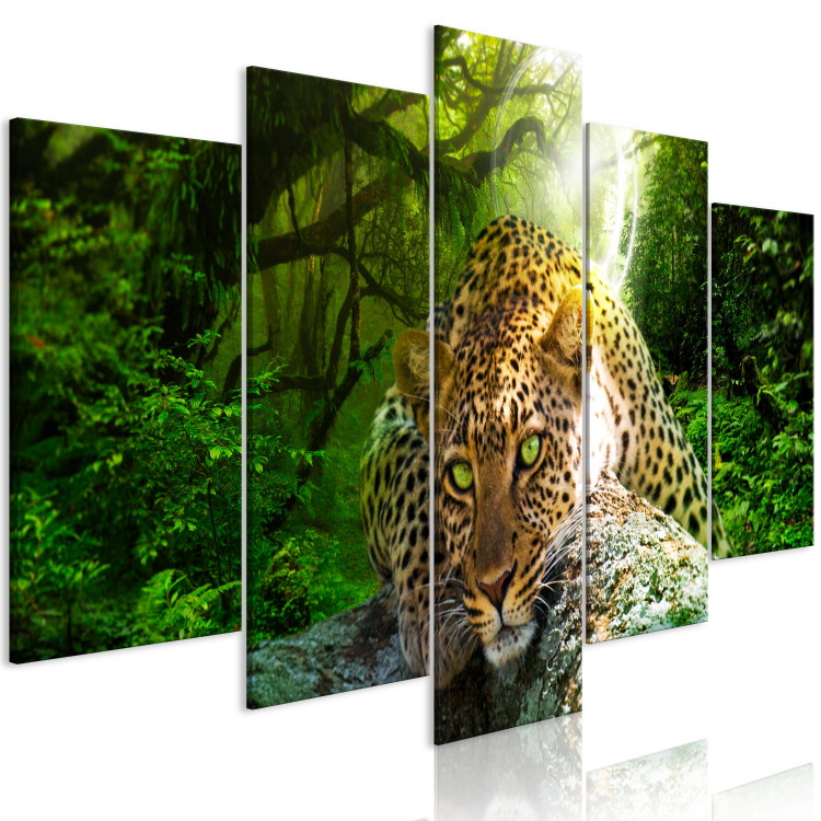 Canvas Print Lying Leopard (5-part) Wide Green - Wild Cat in Forest Background 108157 additionalImage 2