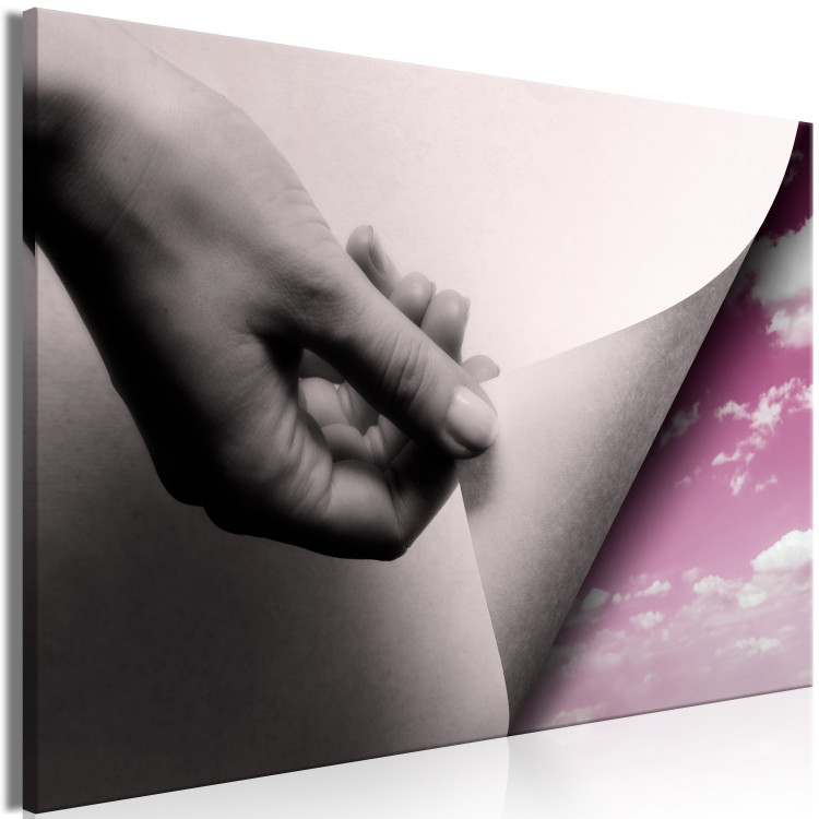 Canvas Art Print Discoverer's hand - a pink sky landscape with soft clouds 117157 additionalImage 2