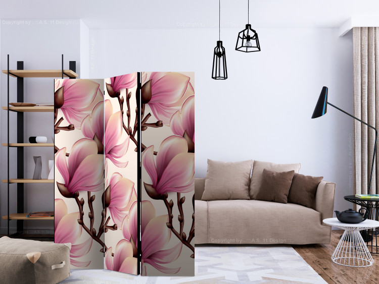 Folding Screen Blooming Magnolias (3-piece) - pink flowers among brown branches 124257 additionalImage 4