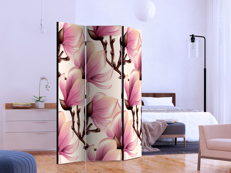 Folding Screen Blooming Magnolias (3-piece) - pink flowers among brown branches 124257 additionalImage 2