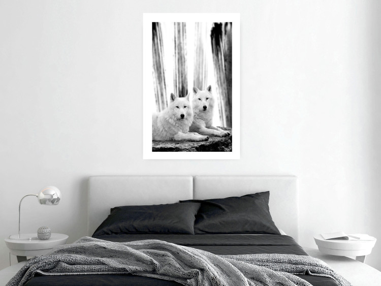 Poster Forest Love - pair of wolves lying on a rock in black and white style 126357 additionalImage 3