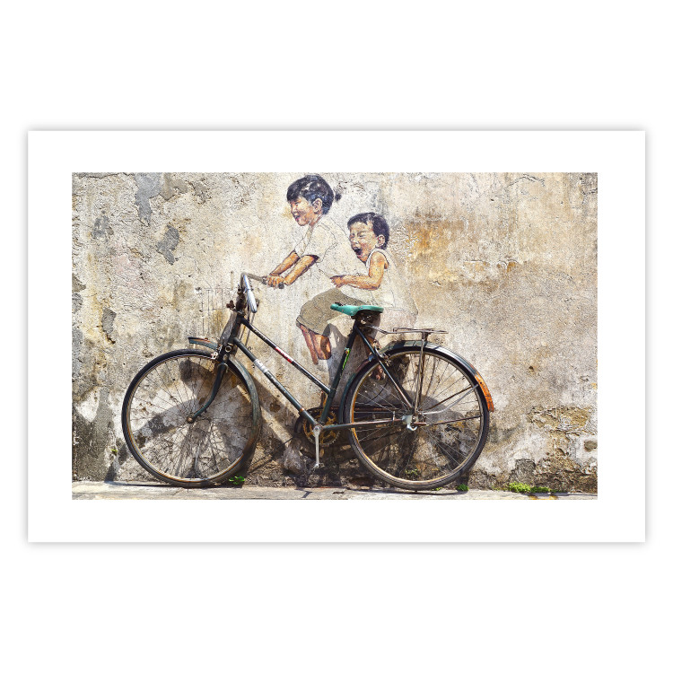 Wall Poster Carefree - retro black bicycle against a wall painted with children 130457 additionalImage 25