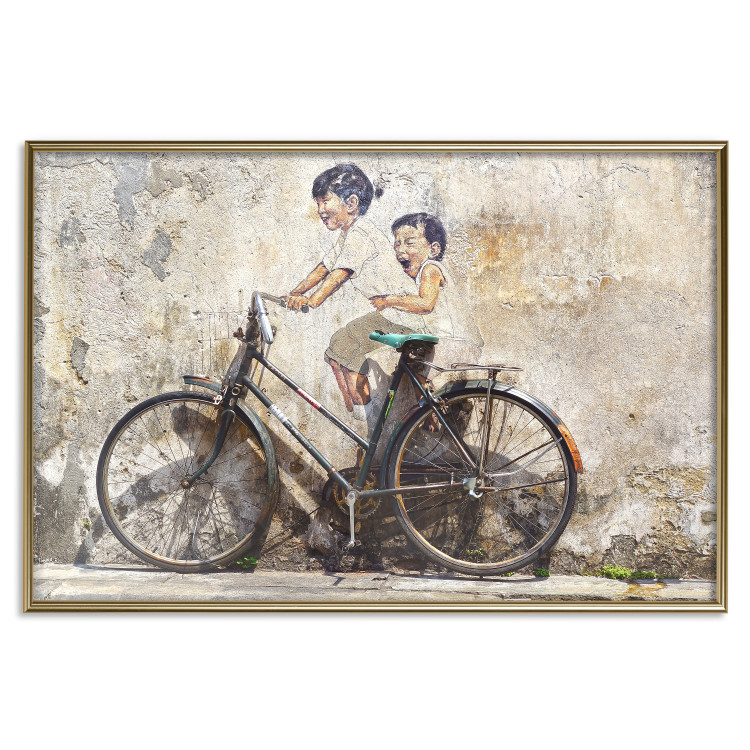Wall Poster Carefree - retro black bicycle against a wall painted with children 130457 additionalImage 21