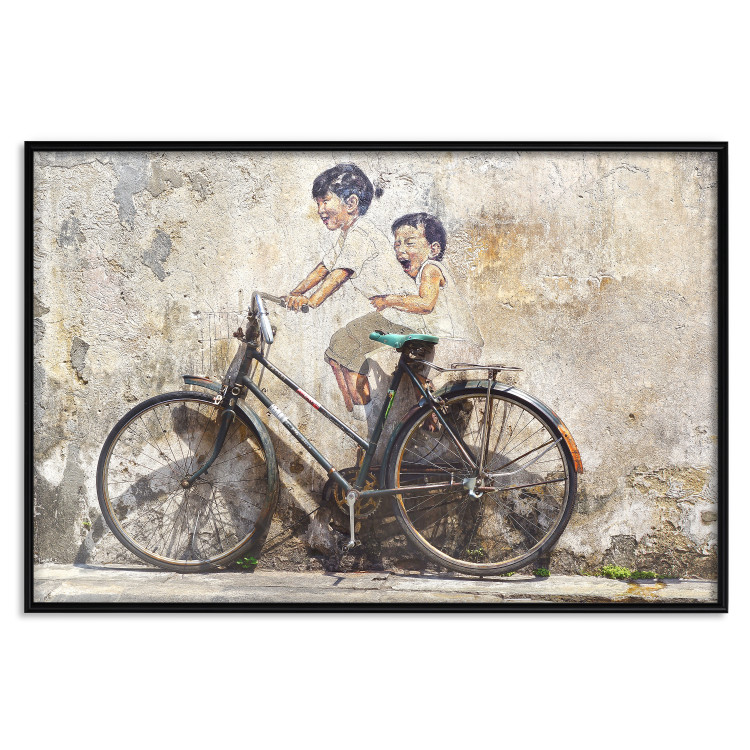 Wall Poster Carefree - retro black bicycle against a wall painted with children 130457 additionalImage 18