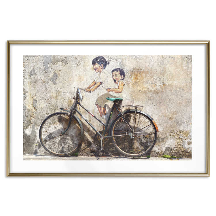 Wall Poster Carefree - retro black bicycle against a wall painted with children 130457 additionalImage 16