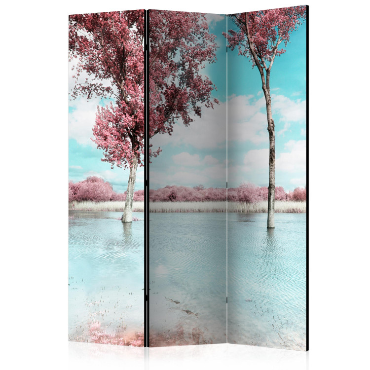 Room Divider Autumn Landscape (3-piece) - lake landscape with pink trees 132557