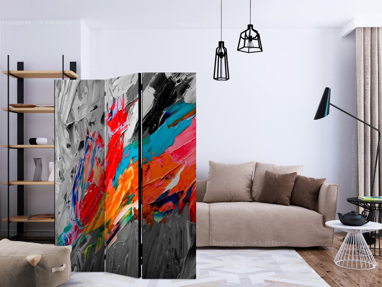 Folding Screen Fiery Bird (3-piece) - joyful colorful abstraction on a gray background 133057 additionalImage 4