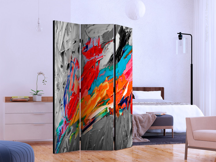 Folding Screen Fiery Bird (3-piece) - joyful colorful abstraction on a gray background 133057 additionalImage 2