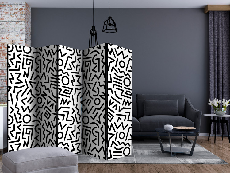 Folding Screen Black and White Maze II (5-piece) - composition in black stripes 133157 additionalImage 4