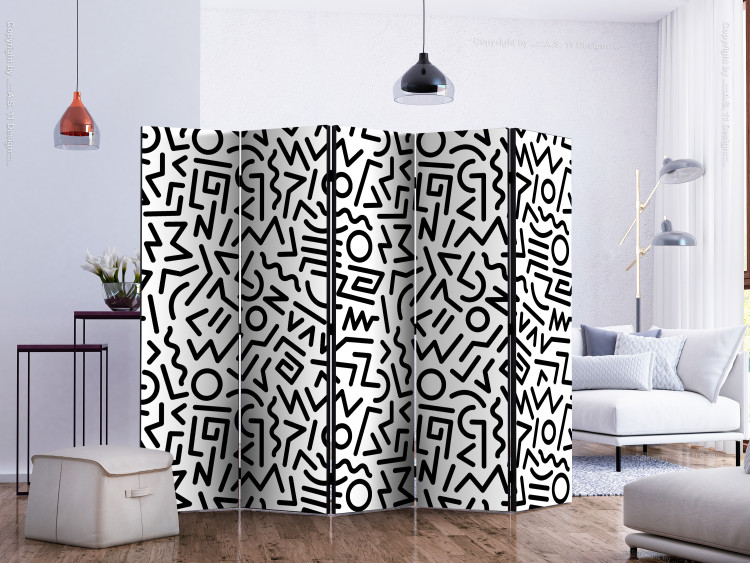 Folding Screen Black and White Maze II (5-piece) - composition in black stripes 133157 additionalImage 2
