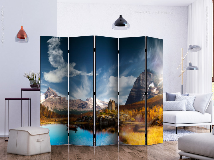 Folding Screen Bird Cloud II (5-piece) - lake and castle landscape with mountains 134157 additionalImage 2