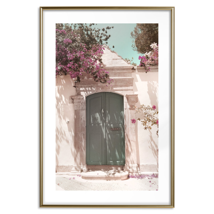 Poster Charming Alley - architecture of a wall with a green entrance in the sunlight 135757 additionalImage 18
