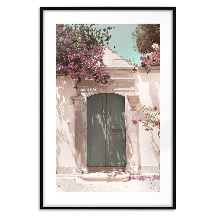 Poster Charming Alley - architecture of a wall with a green entrance in the sunlight 135757 additionalImage 17