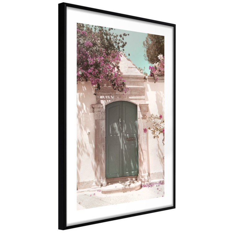 Poster Charming Alley - architecture of a wall with a green entrance in the sunlight 135757 additionalImage 4