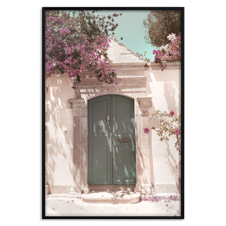 Poster Charming Alley - architecture of a wall with a green entrance in the sunlight 135757 additionalImage 15