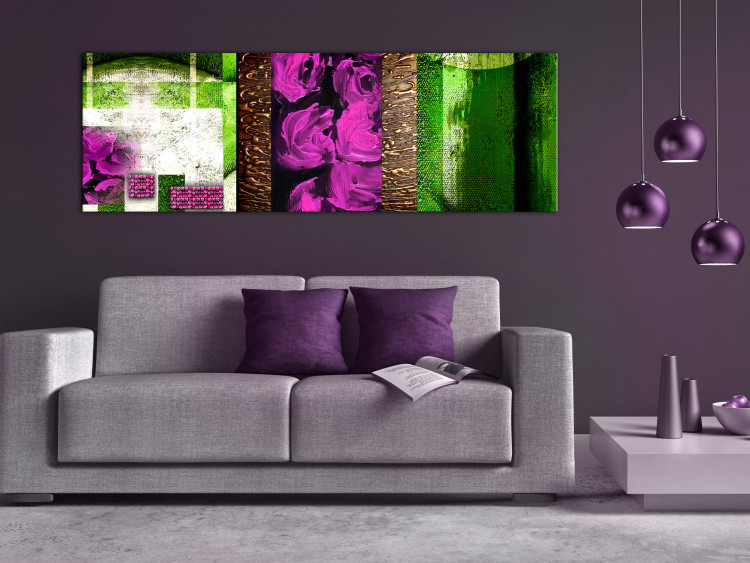 Canvas Abstraction with Roses (1-piece) Narrow - pink flowers and green background 138357 additionalImage 3