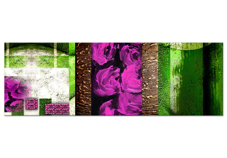 Canvas Abstraction with Roses (1-piece) Narrow - pink flowers and green background 138357