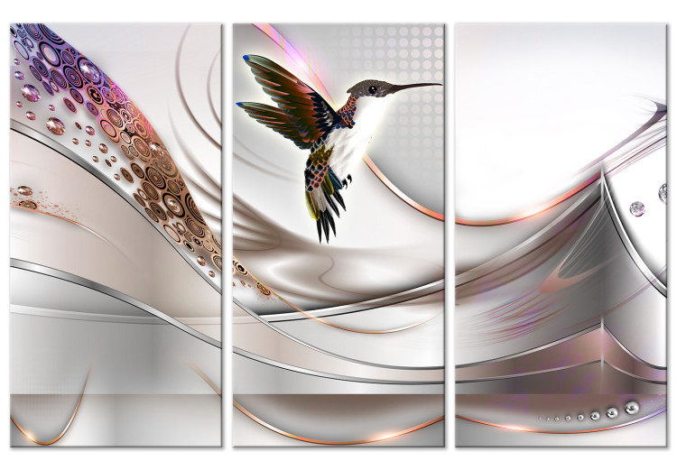 Canvas Art Print Hummingbird in Abstraction (3-piece) Wide - bird in flight and bright background 143457
