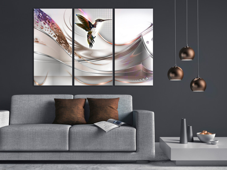 Canvas Art Print Hummingbird in Abstraction (3-piece) Wide - bird in flight and bright background 143457 additionalImage 3