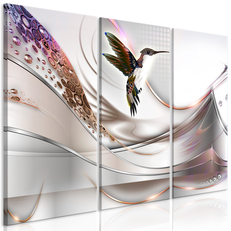 Canvas Art Print Hummingbird in Abstraction (3-piece) Wide - bird in flight and bright background 143457 additionalImage 2