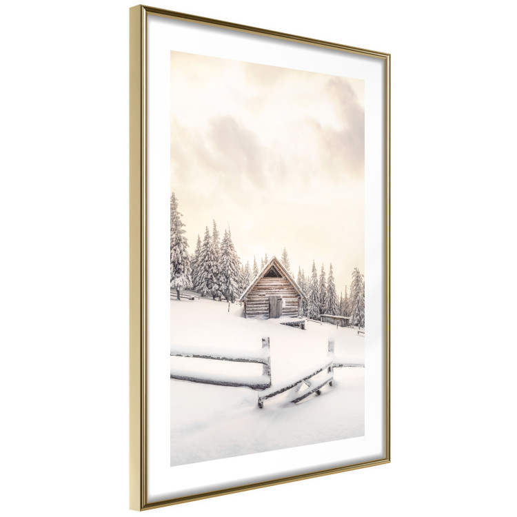 Wall Poster Winter Cottage - Sunrise Landscape Over a Mountain Cottage and a Forest 149057 additionalImage 2