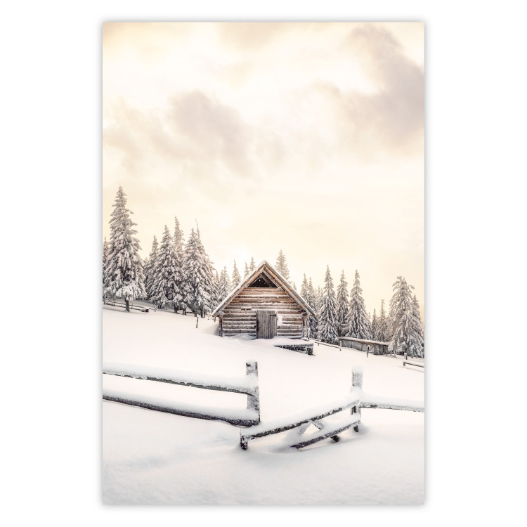 Wall Poster Winter Cottage - Sunrise Landscape Over a Mountain Cottage and a Forest 149057