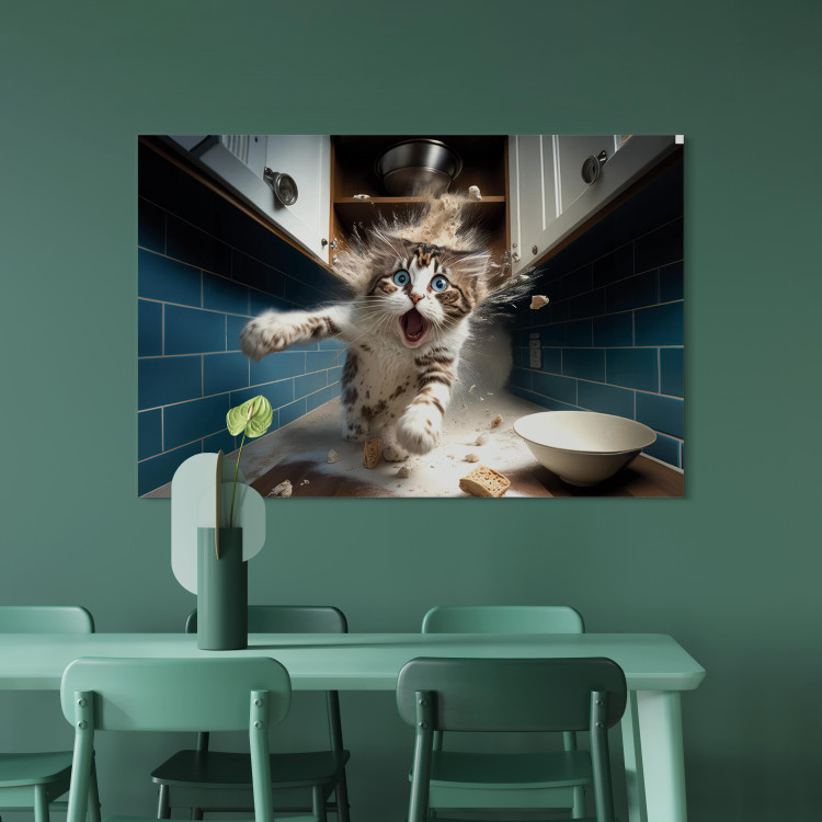 Canvas Art Print AI Cat - Animal Escaping From the Kitchen After Breaking Supplies - Horizontal 150257 additionalImage 3