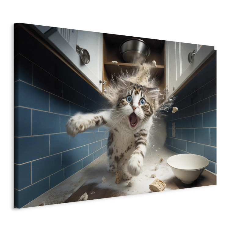 Canvas Art Print AI Cat - Animal Escaping From the Kitchen After Breaking Supplies - Horizontal 150257 additionalImage 2