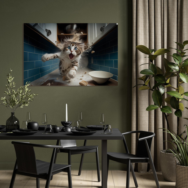 Canvas Art Print AI Cat - Animal Escaping From the Kitchen After Breaking Supplies - Horizontal 150257 additionalImage 11