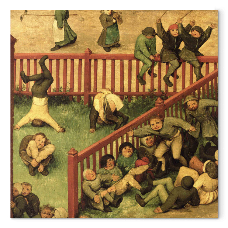 Reproduction Painting Children's Games (Kinderspiele): detail of left-hand section showing children running the gauntlet, doing gymnastics and balancing on a fence 158957