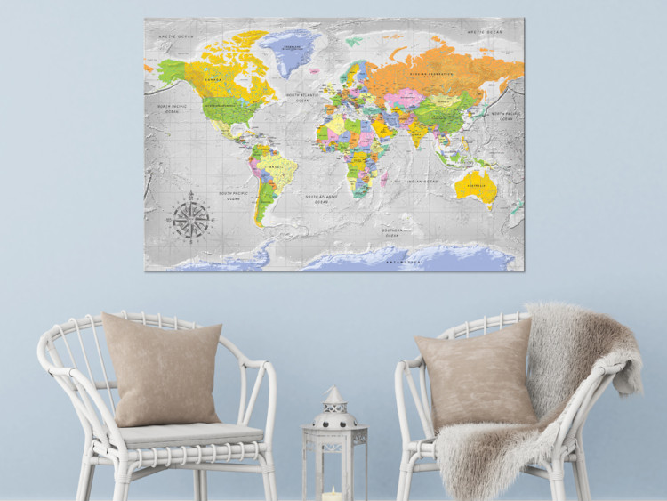 Canvas Art Print Direction of Travel (1-part) - Gray-Toned World Map with Inscriptions 95957 additionalImage 3