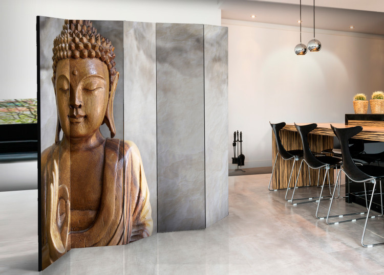 Folding Screen Buddha II - Buddha in wooden texture on gray background in Zen motif 97357 additionalImage 2