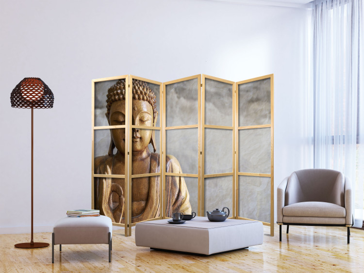 Folding Screen Buddha II - Buddha in wooden texture on gray background in Zen motif 97357 additionalImage 6