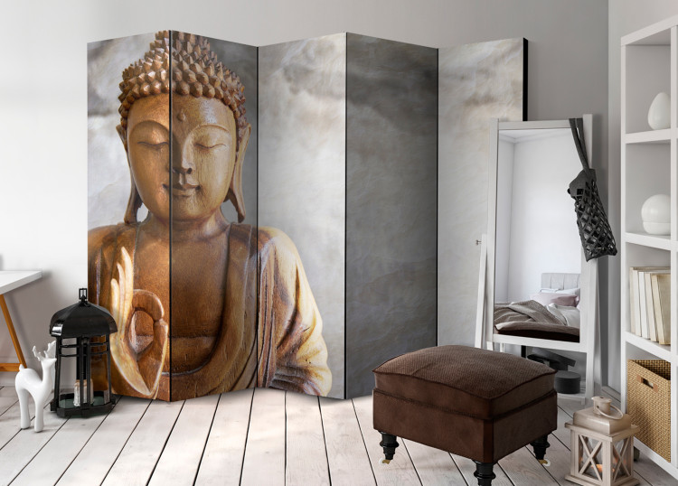 Folding Screen Buddha II - Buddha in wooden texture on gray background in Zen motif 97357 additionalImage 4
