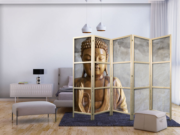 Folding Screen Buddha II - Buddha in wooden texture on gray background in Zen motif 97357 additionalImage 8