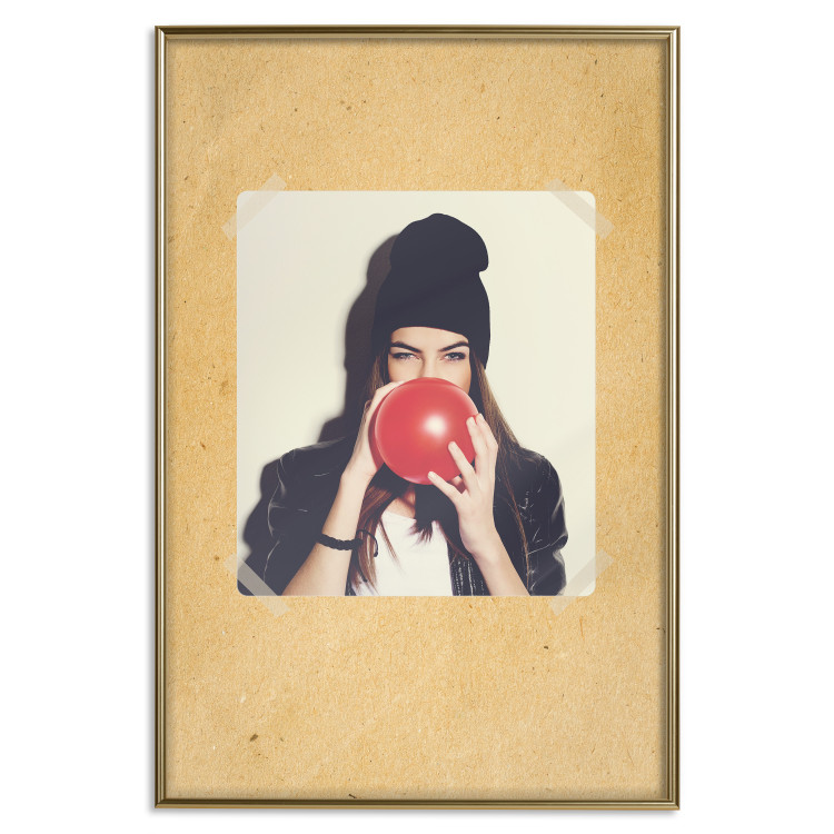 Poster Photo Portrait - figure of a young woman blowing a balloon against a cardboard background 117467 additionalImage 20