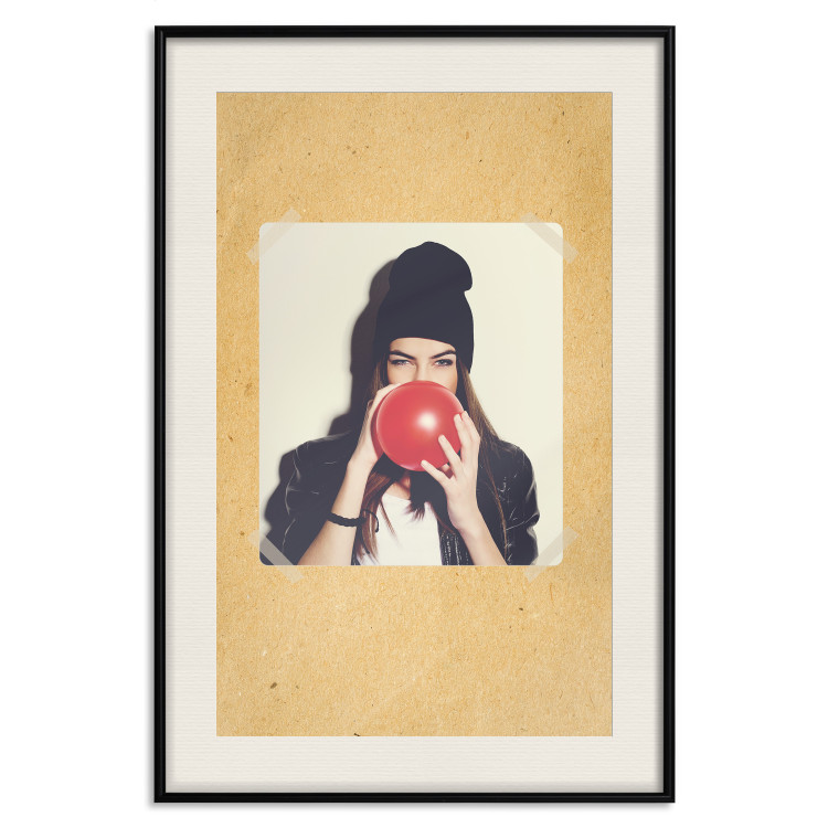 Poster Photo Portrait - figure of a young woman blowing a balloon against a cardboard background 117467 additionalImage 18