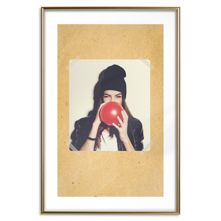 Poster Photo Portrait - figure of a young woman blowing a balloon against a cardboard background 117467 additionalImage 14