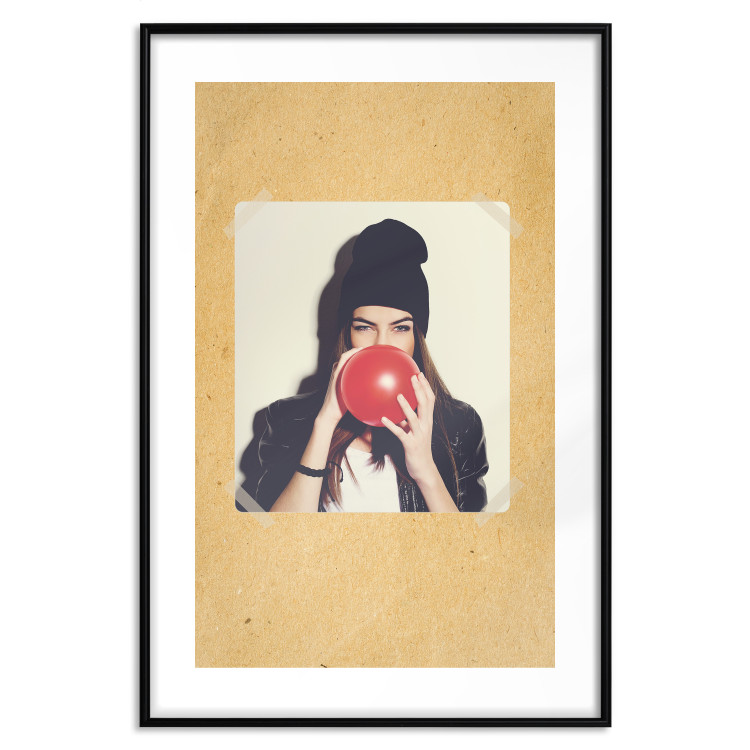 Poster Photo Portrait - figure of a young woman blowing a balloon against a cardboard background 117467 additionalImage 15